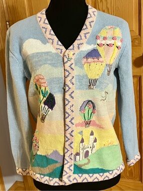 Vtg 90s Storybook Knits Cardigan Sweater XS Dawns Magic Flight Balloon Castle